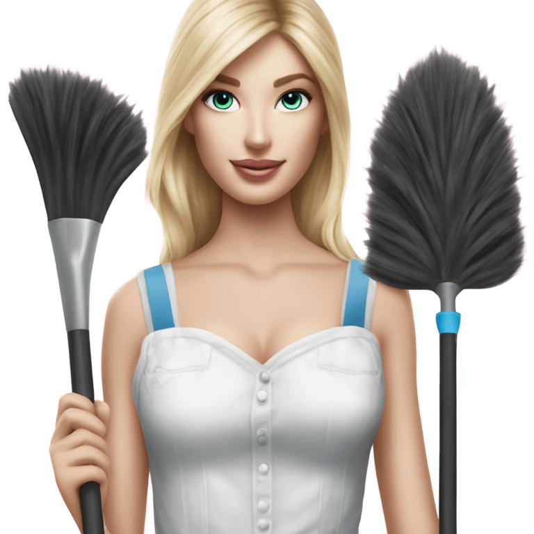 Photo of pale Victoria secret model dresses as a cleaner emoji