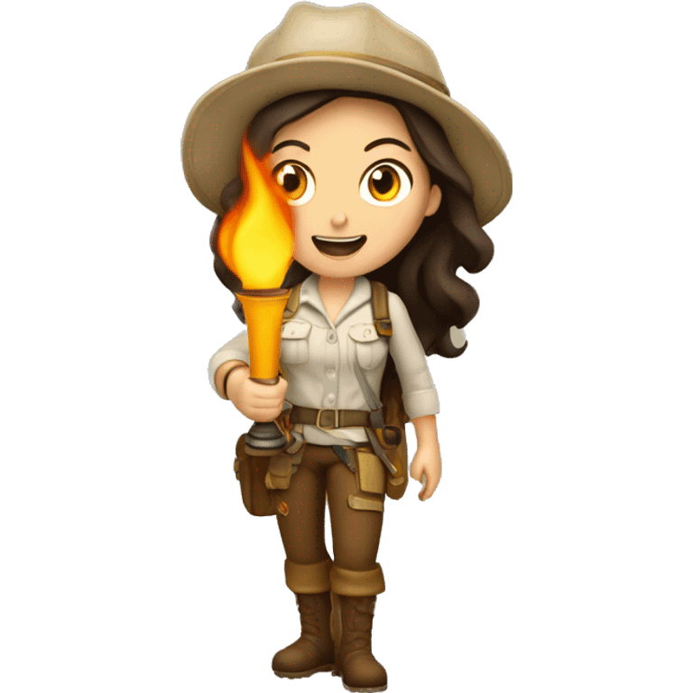 Brunette lady explorer holding burning torch overhad emoji