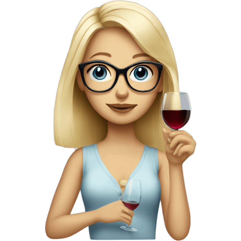 Blond girl with blue eyes and glasses drinks wine emoji