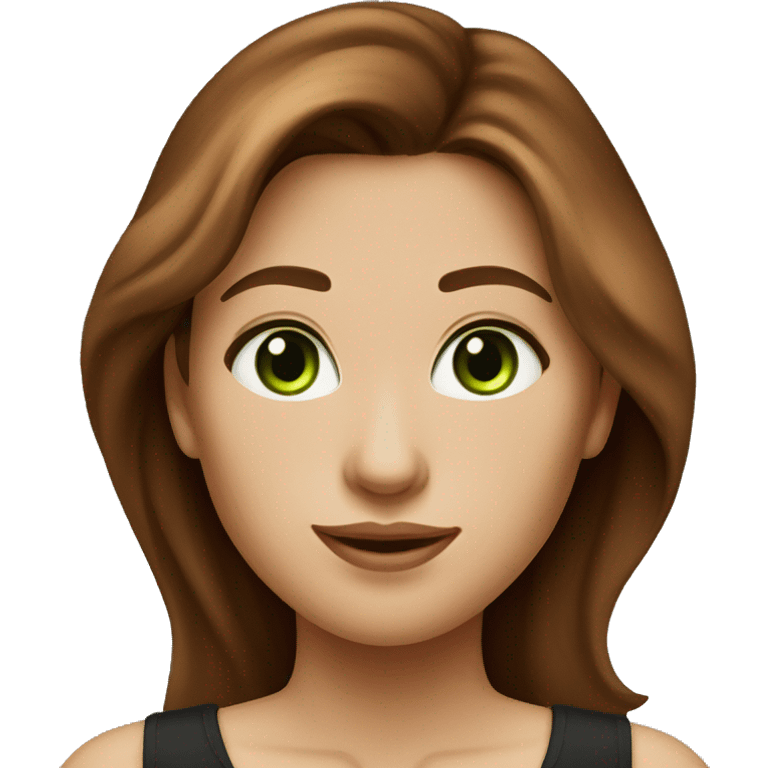 Attractive woman with waist-long chestnut-brown hair and dark green eyes, and a black top emoji