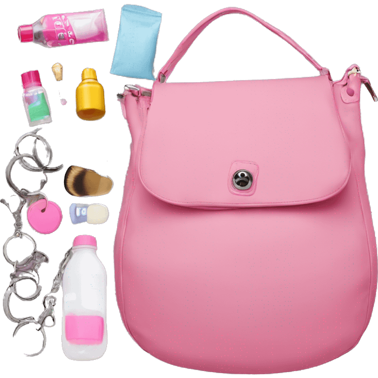 Opened large pink flap hobo bag that's filled with makeup, water bottle, and keychains emoji