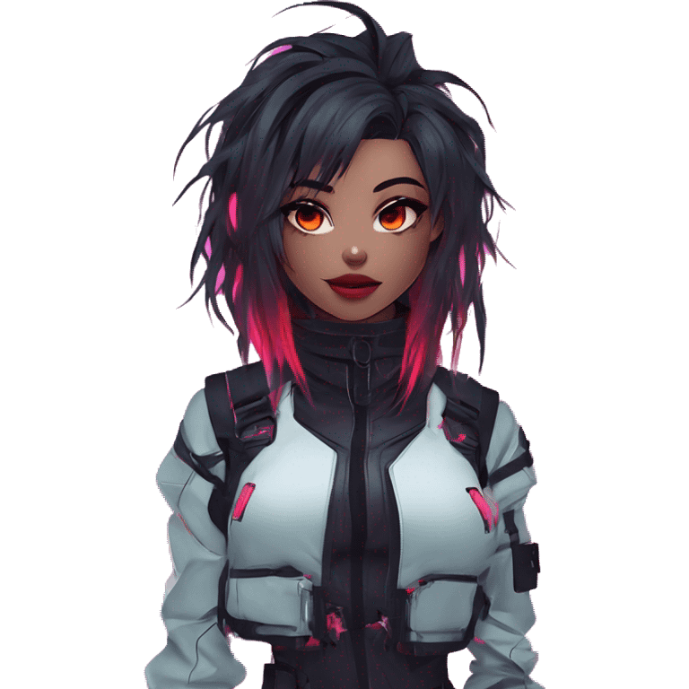 Gorgeous futuristic glowing neon techwear anime style lady with blushing face aesthetic and pretty edgy black red punk messy wild cute hair with collar and harness trending style emoji