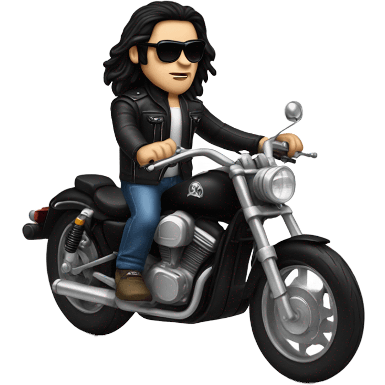 white man with long black hair wearing sunglasses riding a black motorcycle with ape hanger handle bars emoji