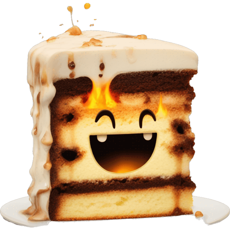 half raw half burned cake with melted smile emoji