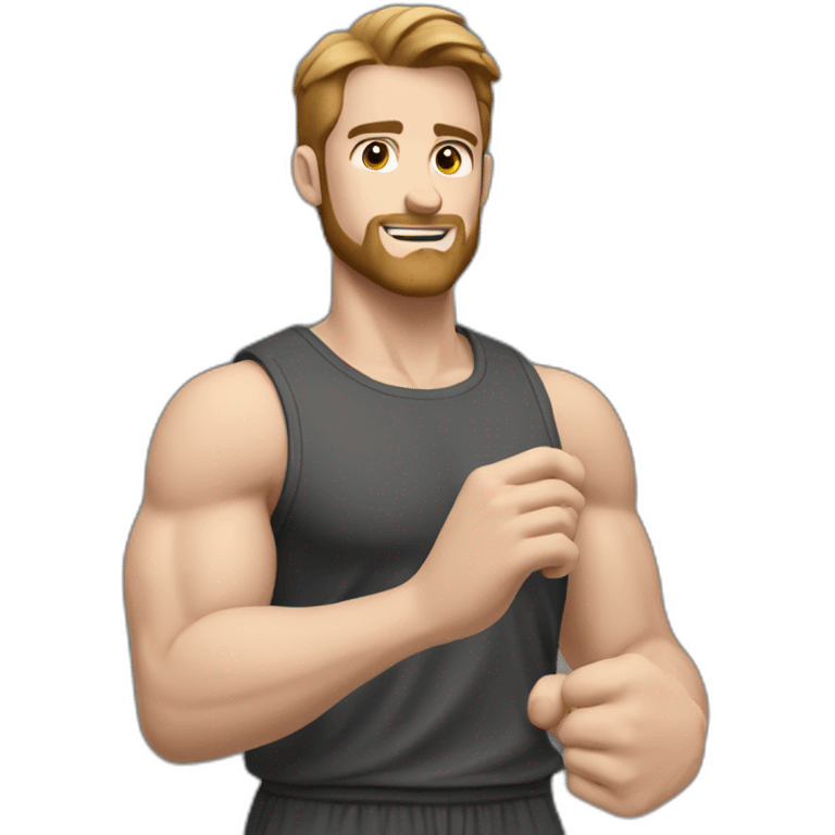 Close up Actively gesturing  with hands Pale skinned Fit Man With the biceps and brown hair in dark gray Sleeveless Mike, black oversize sports shorts, watch and white Sneakers emoji