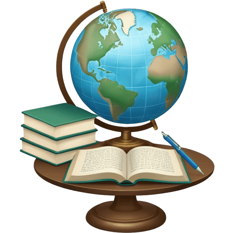 Create an emoji representing language translation. The design should feature just one globe in the background, symbolizing international communication. In front of the globe, place two opened books with texts on them and a pen nearby to indicate the act of writing. Use a clean and professional color palette with blues, greens, and neutral tones. Make the background transparent. emoji