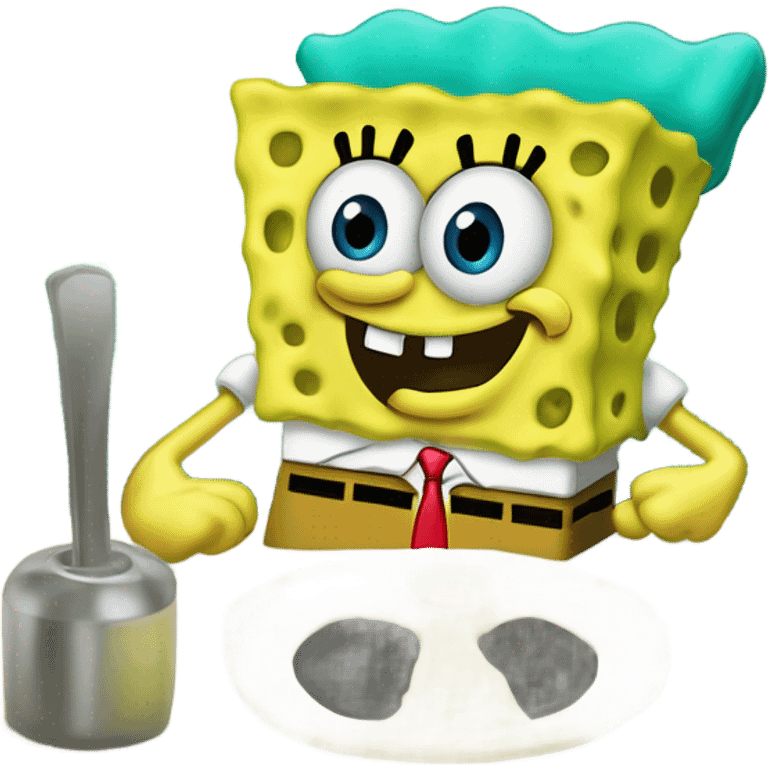 SpongeBob entering the krusty mean kitchen stocking his finger in the sponge hole that leads to his “brain” and his left eye facing left and his right eye facing right emoji