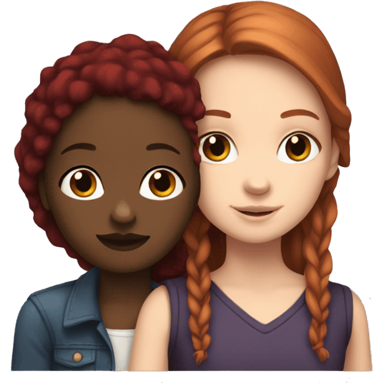 A white girl with dark red hair hugging a black girl  emoji