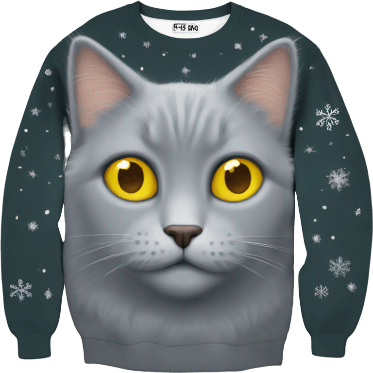 Fluffy grey cat yellow eyes Christmas sweater emoji