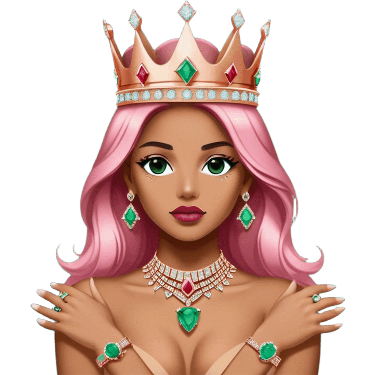 JetSetFly wearing a rose-gold KING crown that is diamond encrusted with monazite, rubies, tiny iced-out perfectly set diamonds, Rolex-rainbow dial crystals, emerald, , VVS emerald diamonds surrounded by famous instagram models  emoji