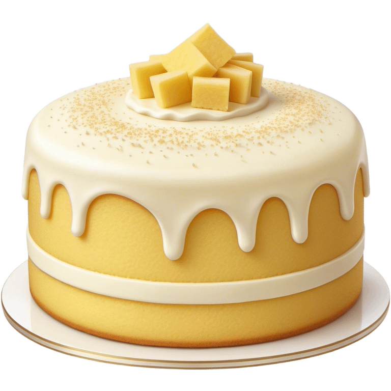 Cinematic Realistic Simple Vanilla Cake, a perfectly baked golden sponge with soft, airy layers, delicate vanilla frosting smoothly spread across the top, tiny flecks of vanilla bean visible, warm golden lighting creating depth, glowing with a sweet, irresistible charm. emoji