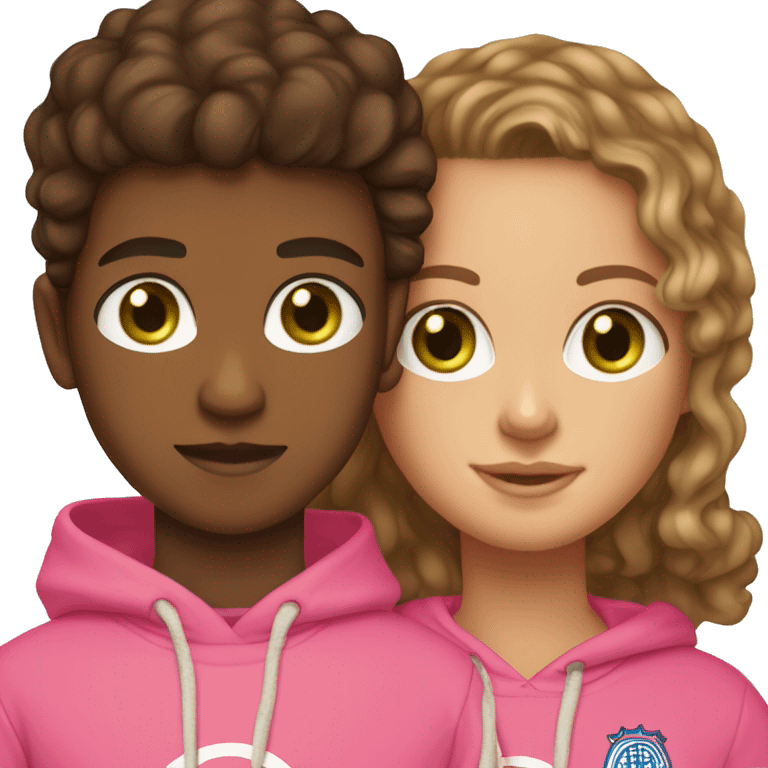 Brunette girl light skin with long hair and green eyes and gold earring hoops wearing a pink hoodie hugging a brunette boy with brown eyes light skin and curly brown hair wearing a soccer jersey  emoji