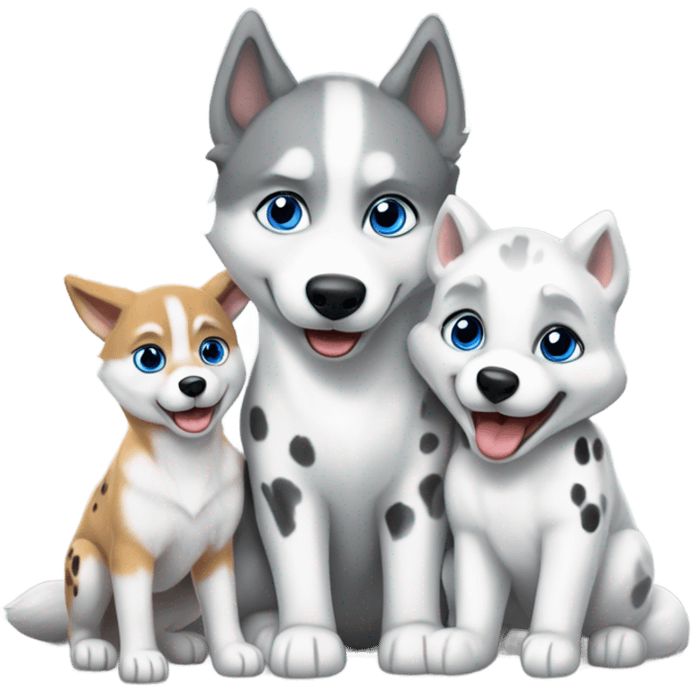 soft sun light, one white and grey baby  syberian husky, one big adult fox, one baby dalmatian white eyes and black ears, playing together, no background, high resolution, very detailed, realistic, amazing emoji