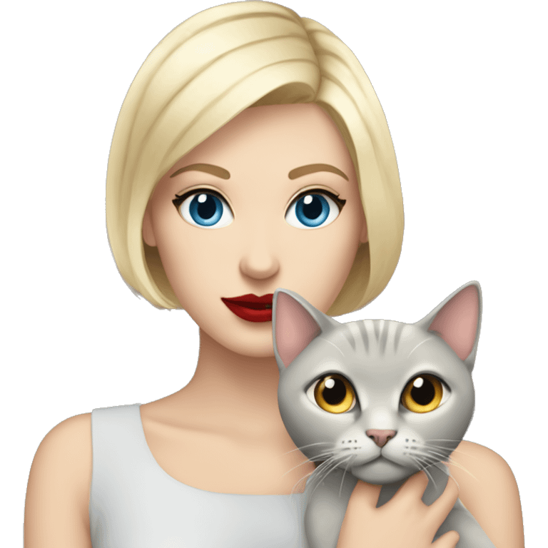 blonde girl with short hair blue eyes long eylashes and red lipstick holding a grey cat emoji