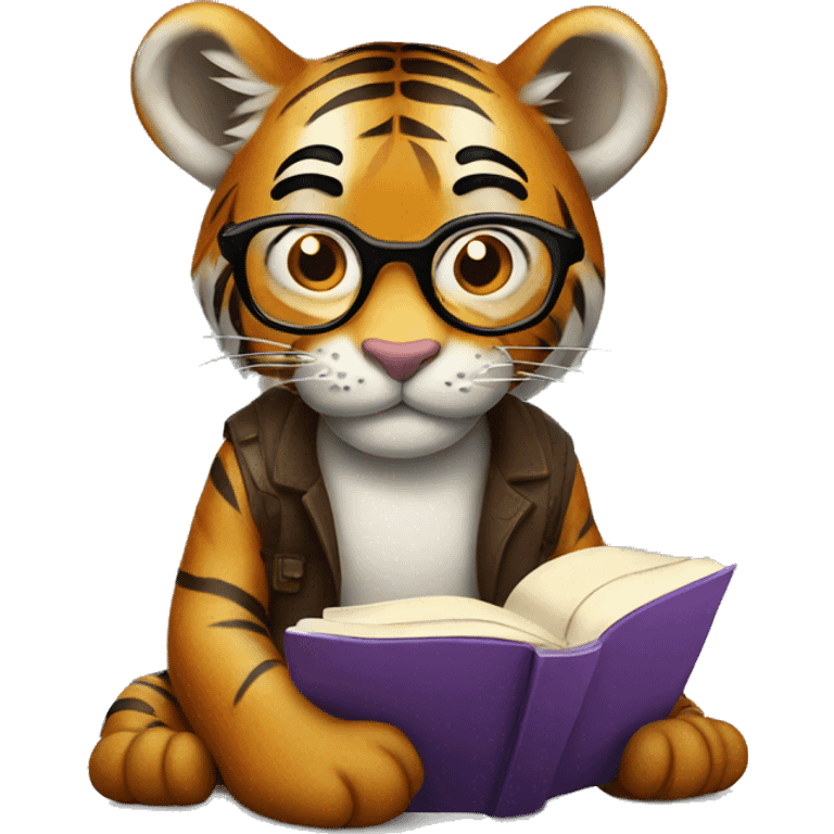 Tiger with glasses and reading book emoji