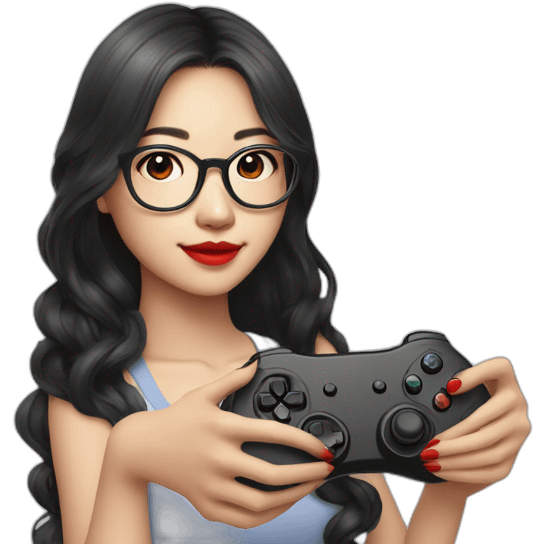 Teen Asian girl with long black wavy hair holding game controller wearing glasses red lips emoji