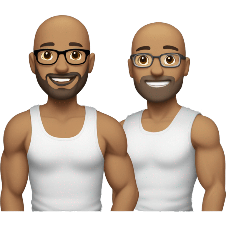 two gay male couple, one of them is a bald, light skin man, with muscled body, tall, with glasses, and the other one is shorter, with darker skin, also  muscled, with long hair in a ponytail, and hairy body, both have a light beard emoji