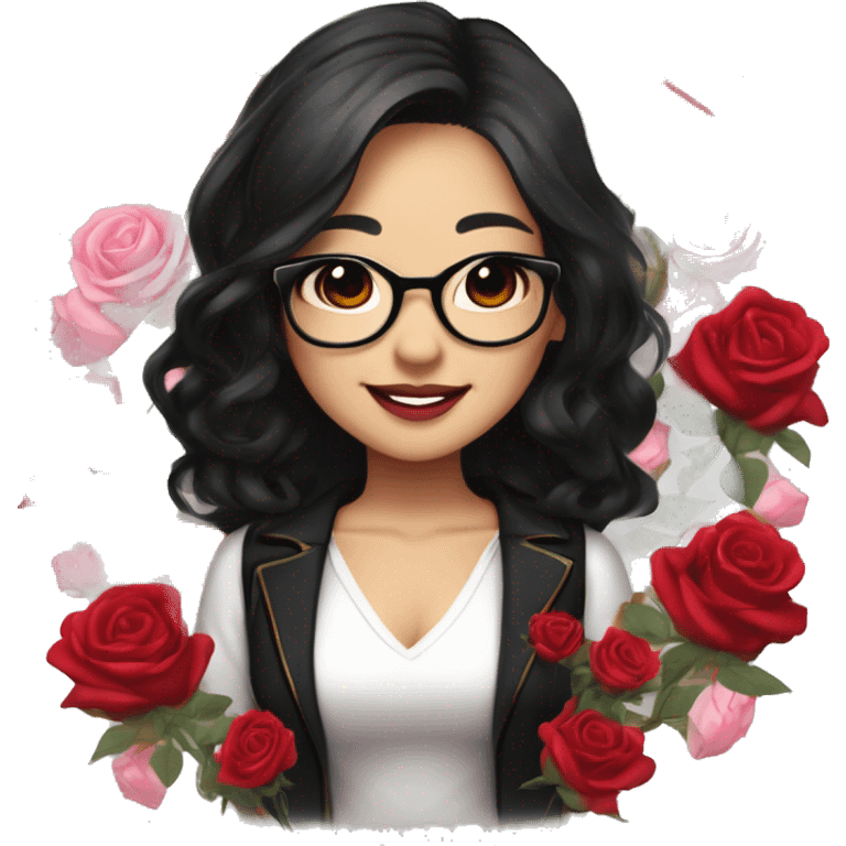 Asian girl, smiling with teeth and dimples on the cheeks, fair skin, black long hair, black eyes, black glasses with gold frames, red lipstick, wearing a white lace tank top and a black office jacket on top, with pink and red roses around her, chibi. emoji