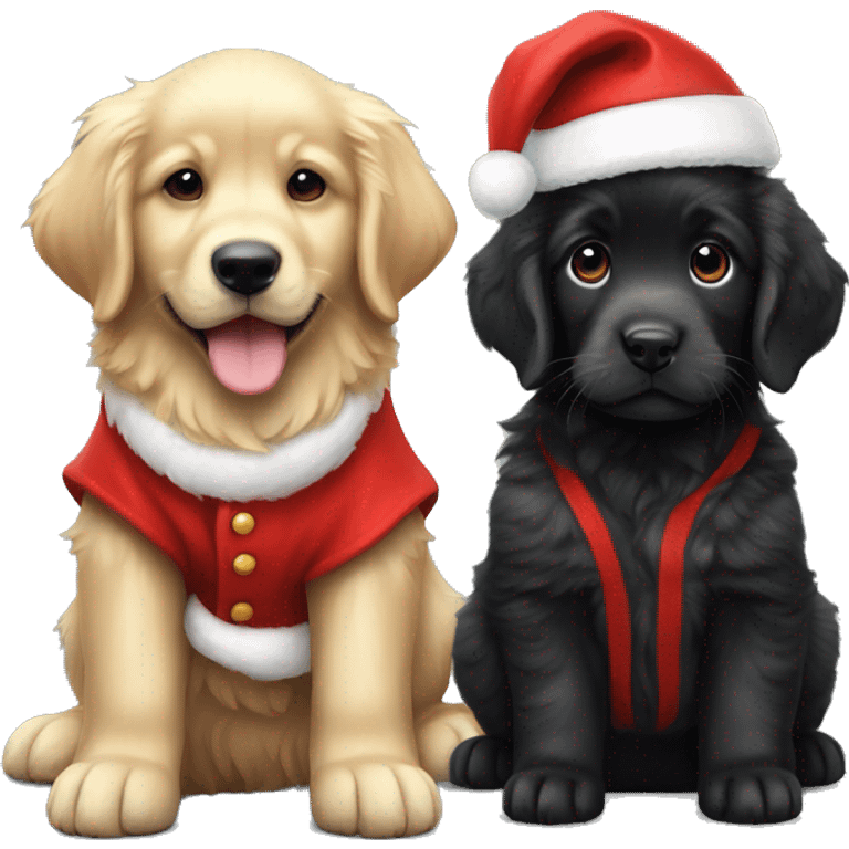 solid black fluffy puppy wearing red vest with white golden retriever puppy wearing a santa hat emoji