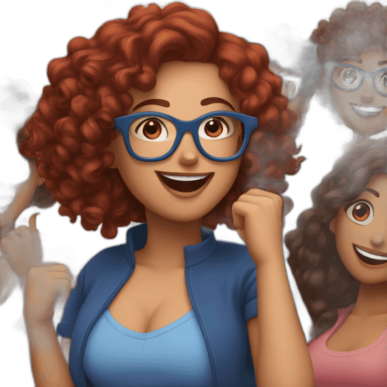 a-curvy-girl-with-dark-red-curly-hair-and-blue-glasses dancing with friends emoji