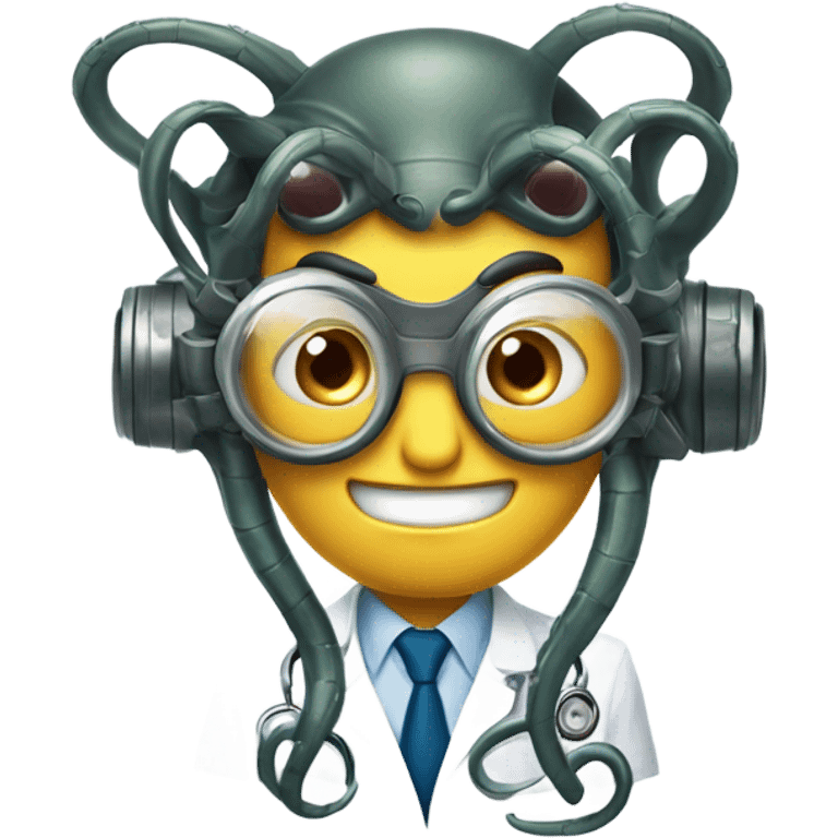 A mischievous emoji of Doctor Octopus’s face, featuring round goggles, a devilish smirk, and metallic tentacles extending around his head. The plain white background keeps the focus on his iconic look." emoji