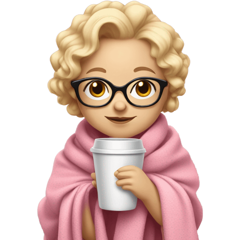 Cute blonde baby with glasses cup of tea pink blanket hair up emoji