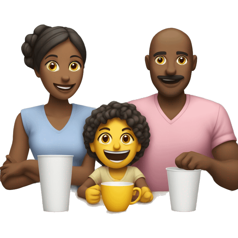 An emoji of a family—mother, father, and child—sitting at a table, playing a cup game with paper cups arranged on the table as they have fun together emoji