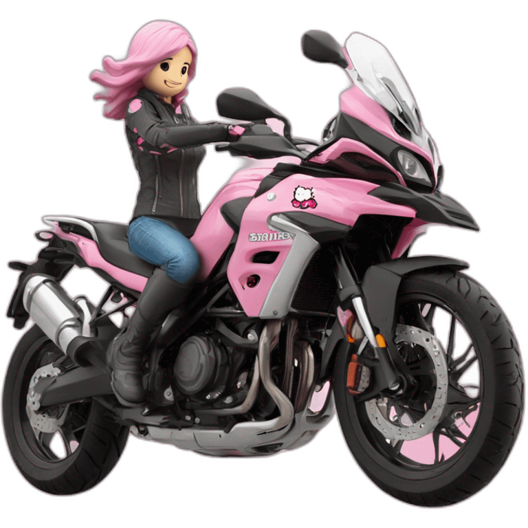 Moto benelli trk 502X color rosa  y hello kitty conduciendo emoji