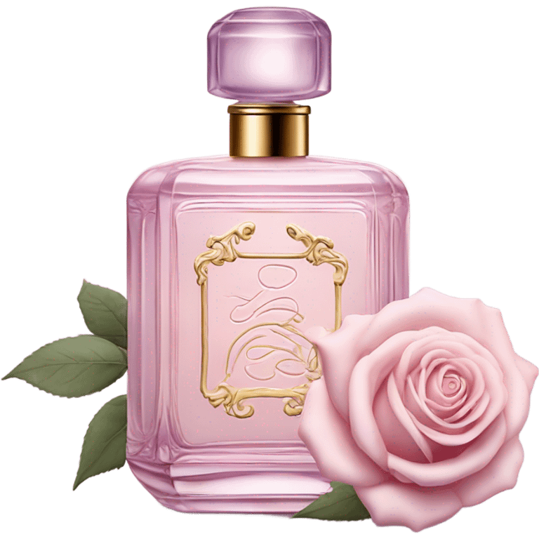 Aesthetic composition of soft pink roses with a vintage-style purple perfume bottle.
 emoji