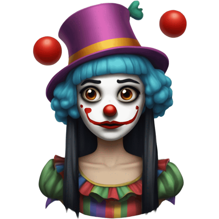 Sad clown girl with clown face paint wearing cockcomb jester hat with straight black hair exaggerated expression of sadness on her face  emoji