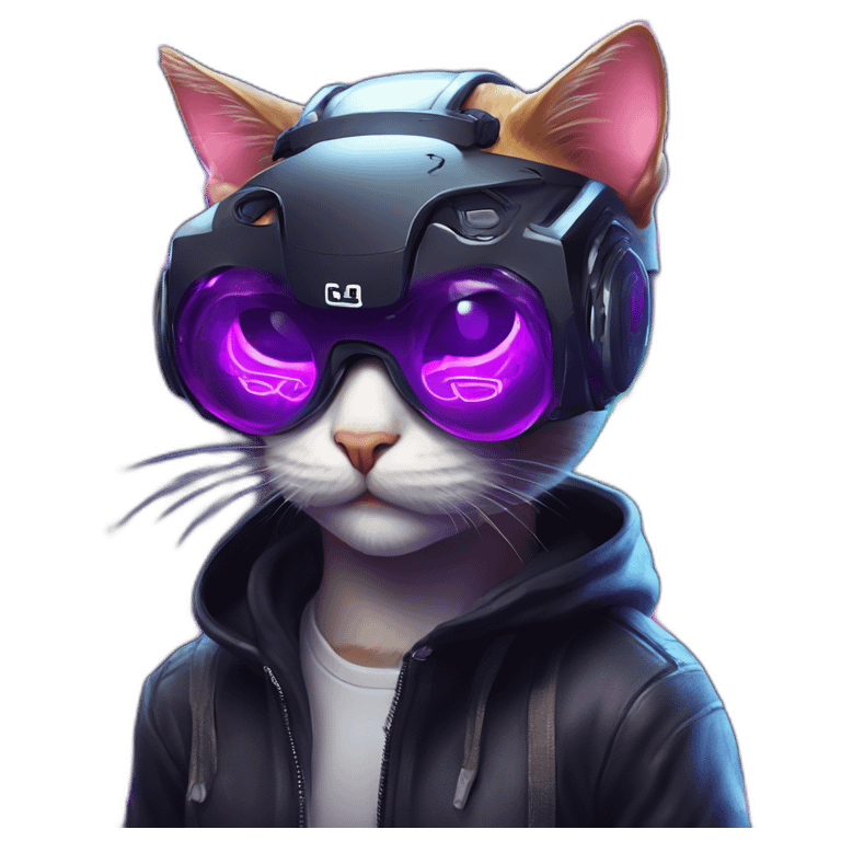 funny cat wearing a black hoodie with "OMG" letters on it and VR headset in a cyberpunk VR environment with violet neon lighting. emoji