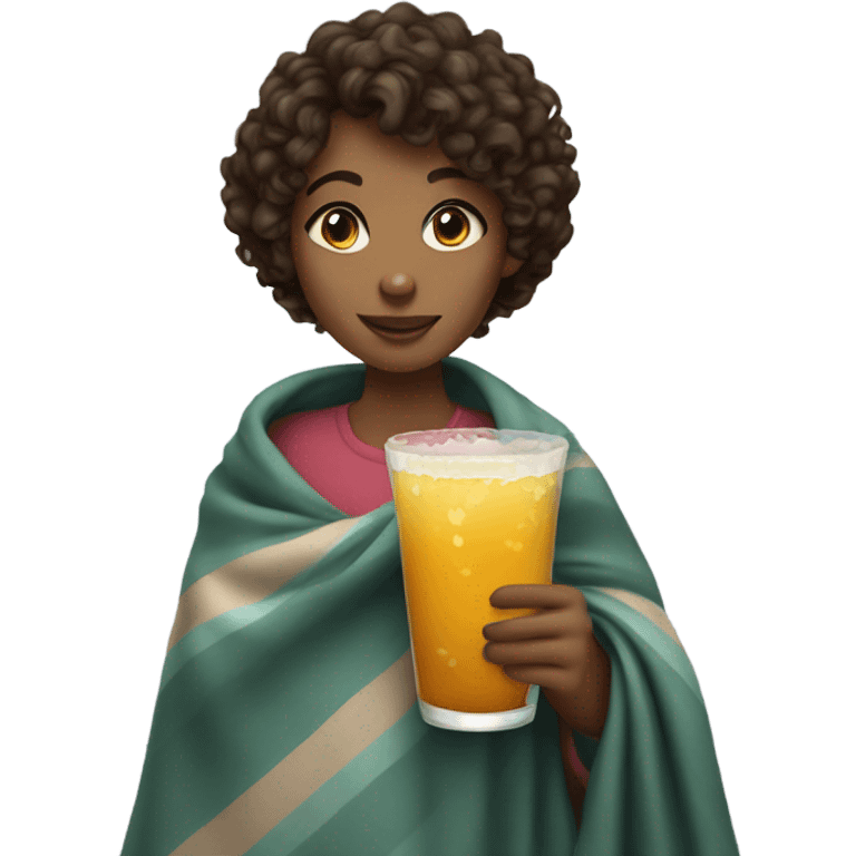 A girl with a short curly hair. She holds a glass of drink, wrapped in a blanket. emoji