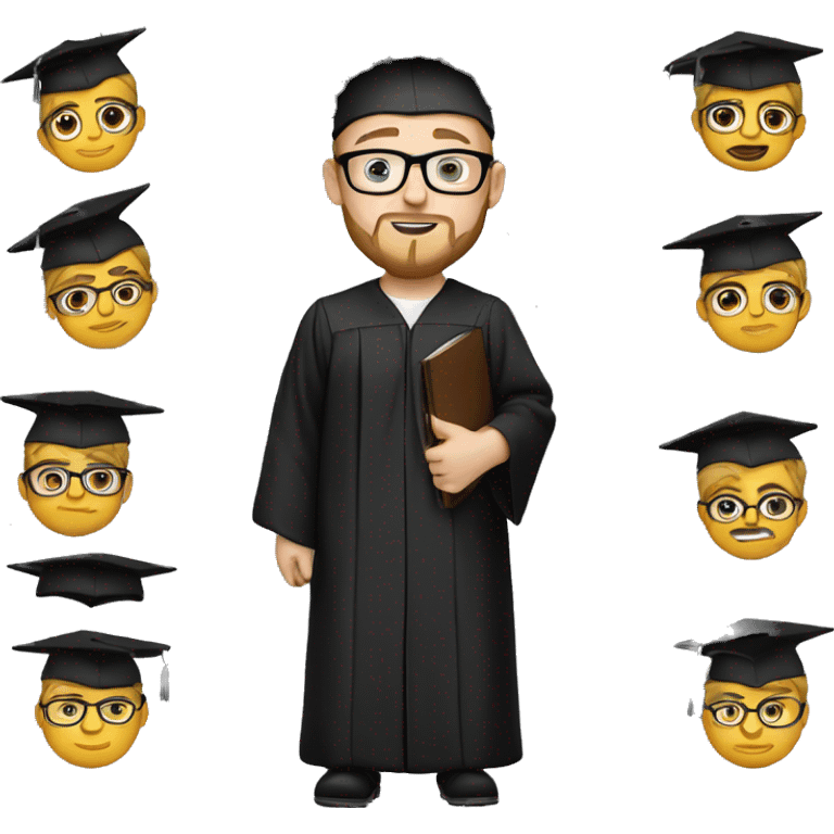 A white male with a beard and glasses who just graduated from high school. He is dressed in a black gown and graduation cap. emoji