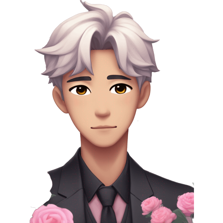 Gorgeous romantic anime style Asian formal modern gentlemanly guy with cat ears and flowers and blushing face aesthetic trending style outside with colorful gradient colors emoji