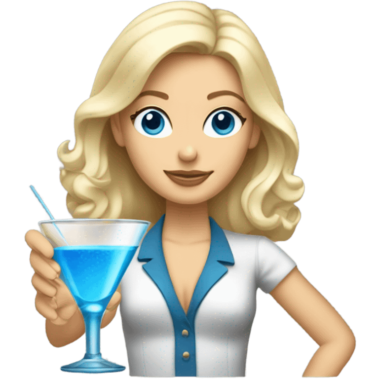 Blonde girl with blue eyes making a martini emoji