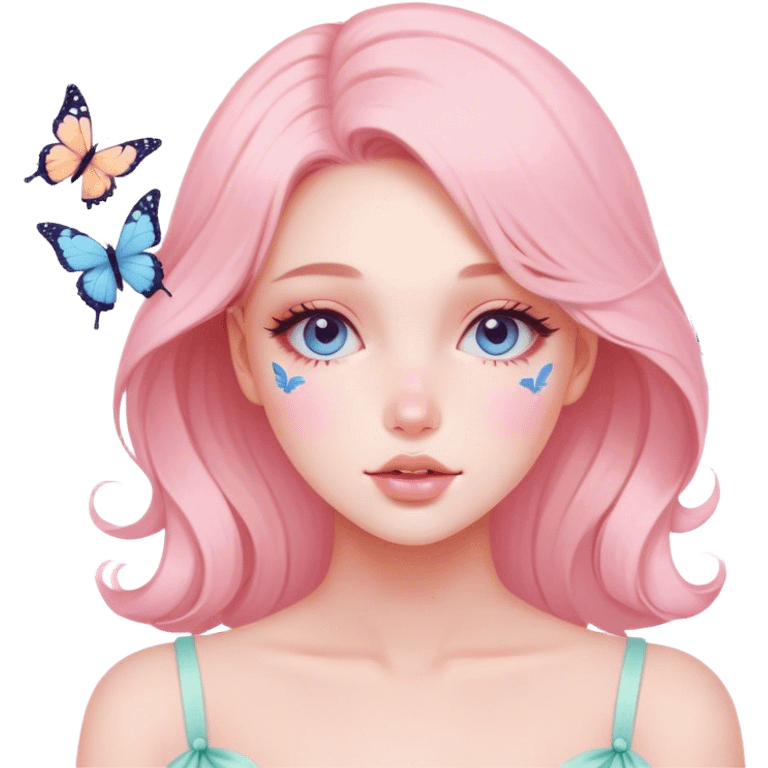 Gorgeous pastel lady with blushing face and butterflies aesthetic trending style emoji