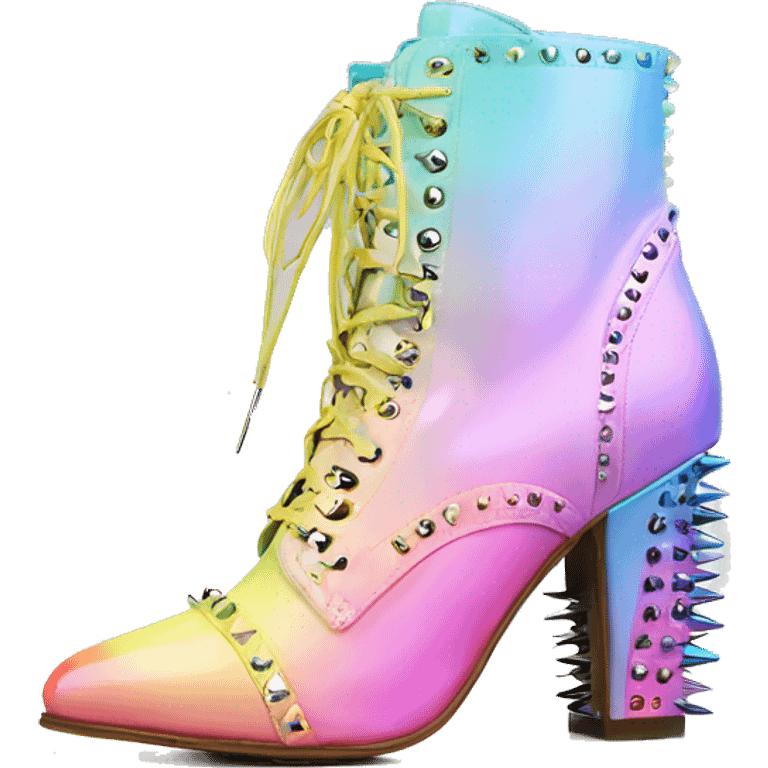 Realistic isolated top front view of a pair of pastel Iridescent ombre studded spike heel ankle bootie boots.  emoji