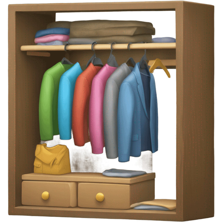 Design an emoji-style icon of an open wardrobe with clothes hanging inside. Include details like a wooden frame, hangers, and colorful clothing items such as shirts or any other clothing . Use a clean and minimalistic design. emoji