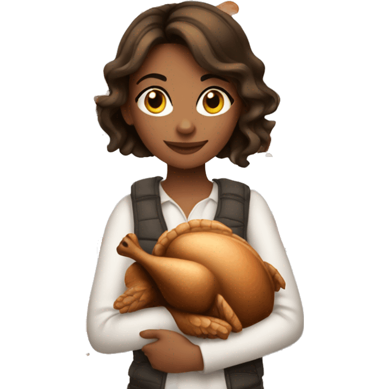 Brunette girl holding a turkey emoji