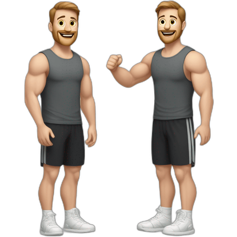 Full height Actively gesturing with hands Pale skinned Fit Man With the biceps and brown hair in dark gray Sleeveless Mike, black oversize sports shorts and white Sneakers emoji