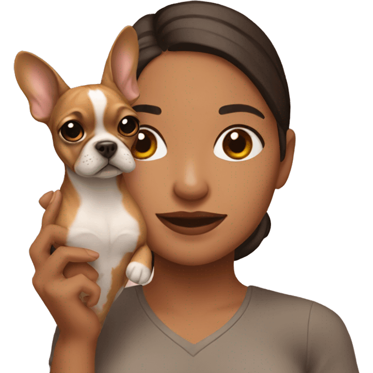 Emoji of a Latina holding a light brown frenchie emoji