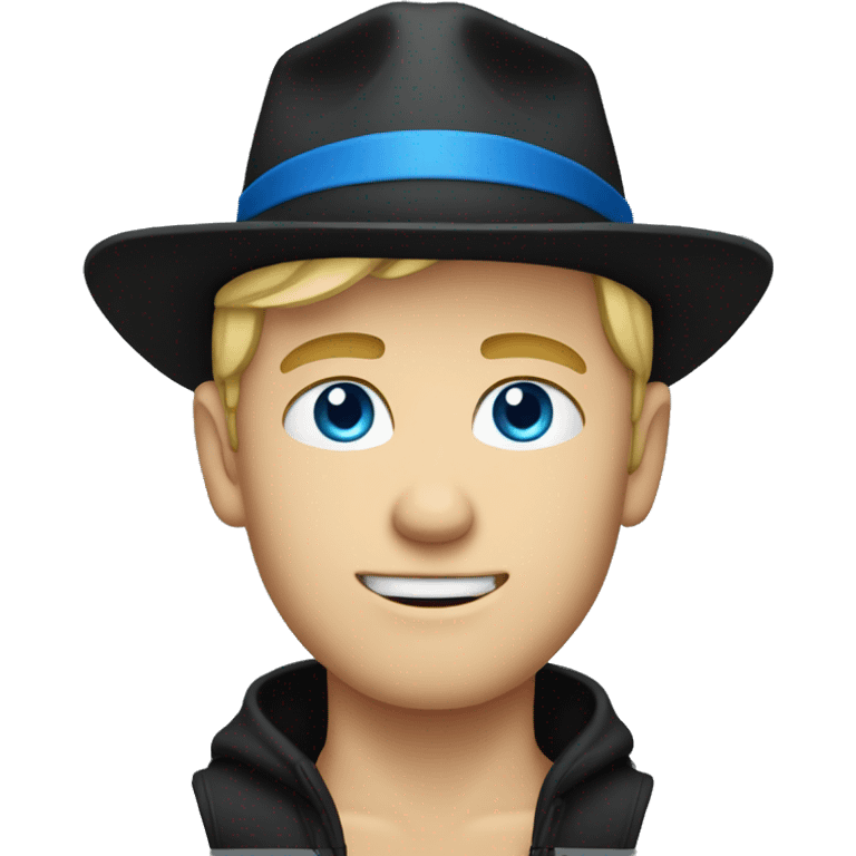 A blond guy with blue eyes in a black hat emoji