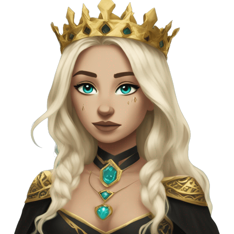 Aelin has white or golden blonde hair, turquoise eyes with a gold ring around the pupil, and tattoos and scars. Wearing a black and gold gown with a crown made of fire emoji