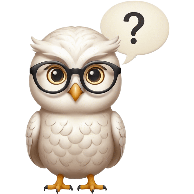 Small feminine White owl with glasses and a question mark thought bubble emoji