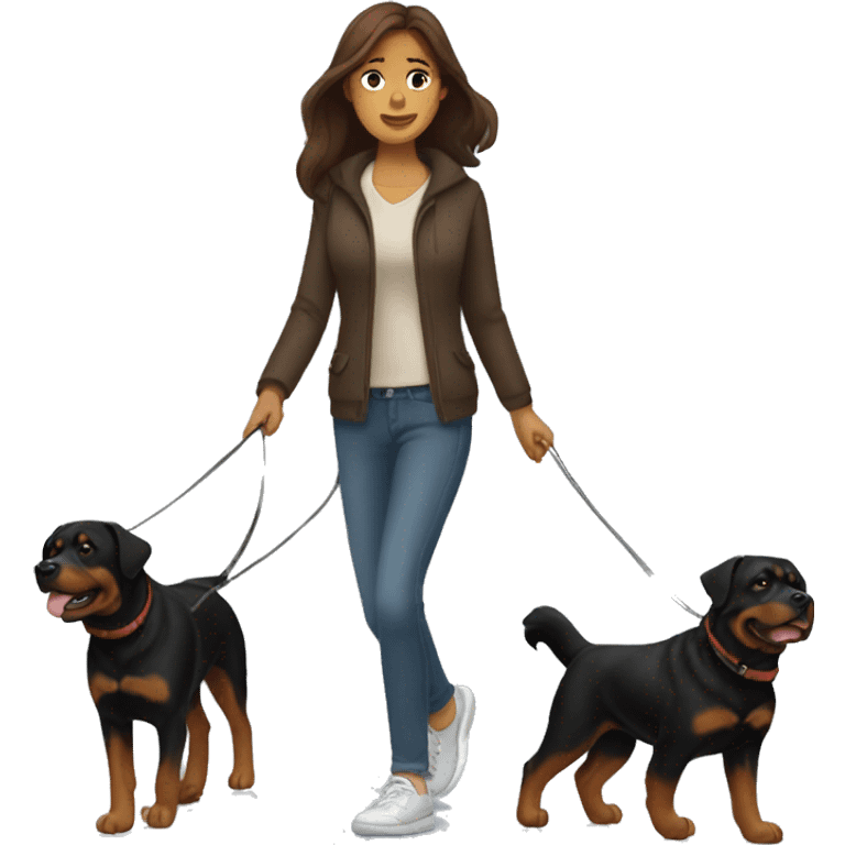 A woman with long brown hair takes a Rottweiler for a walk  emoji