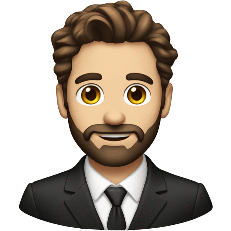 A man in late 30s with brown hair and brown eyes and a black suit and hair to the right and beard emoji