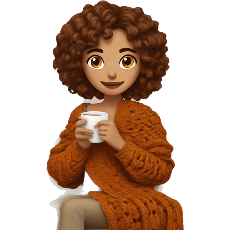 26 year old white Mediterranean woman with brown soft wavy hair and curtain bangs. She is crocheting a garment. She is sitting on the sofa with a crochet blanket that is in the color of cinnamon on herself. Near her there is a cup of tea. emoji