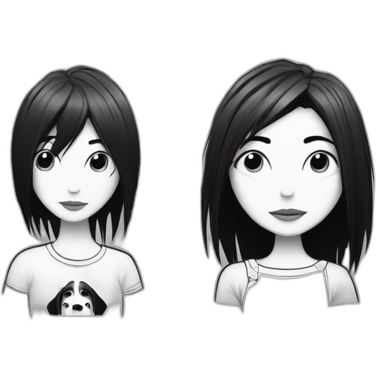 a dog and a girl with black spiky hair looking at each other in style of ((sarah andersen)), black and white emoji