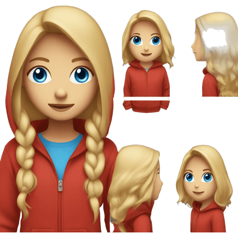 Girl with blue eyes and long blonde hair wearing a red hoodie emoji