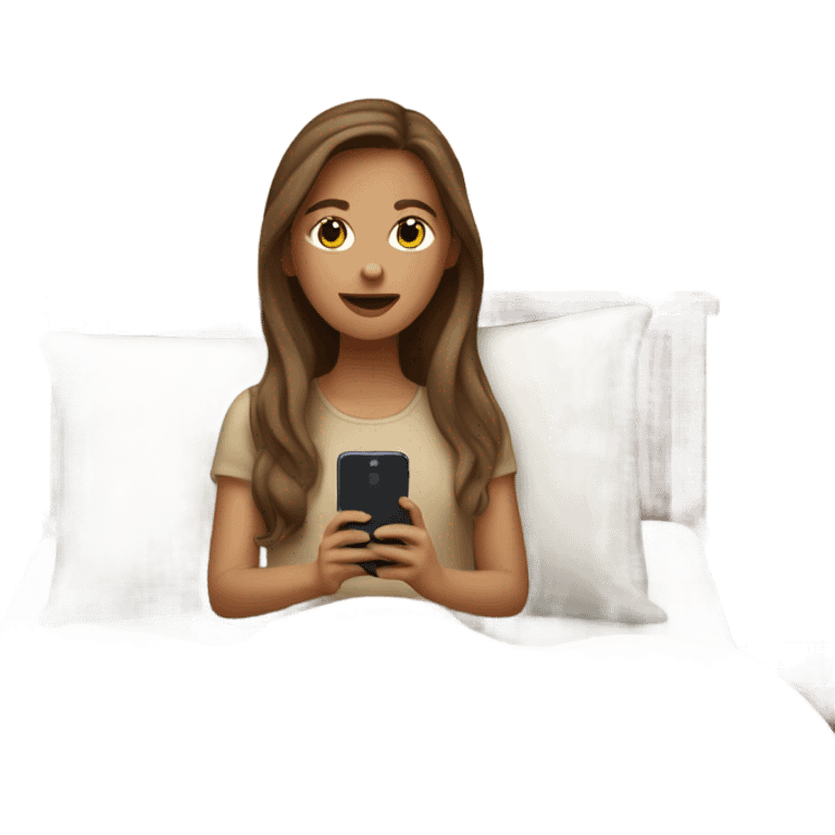 white girl with long brown hair in a bed with beige comforter on her phone emoji